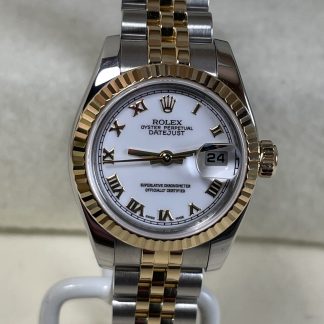 Ladies Rolex 2-Tone Datejust #179173 with Factory White Roman Dial, Hidden Clasp Jubilee. Full Set